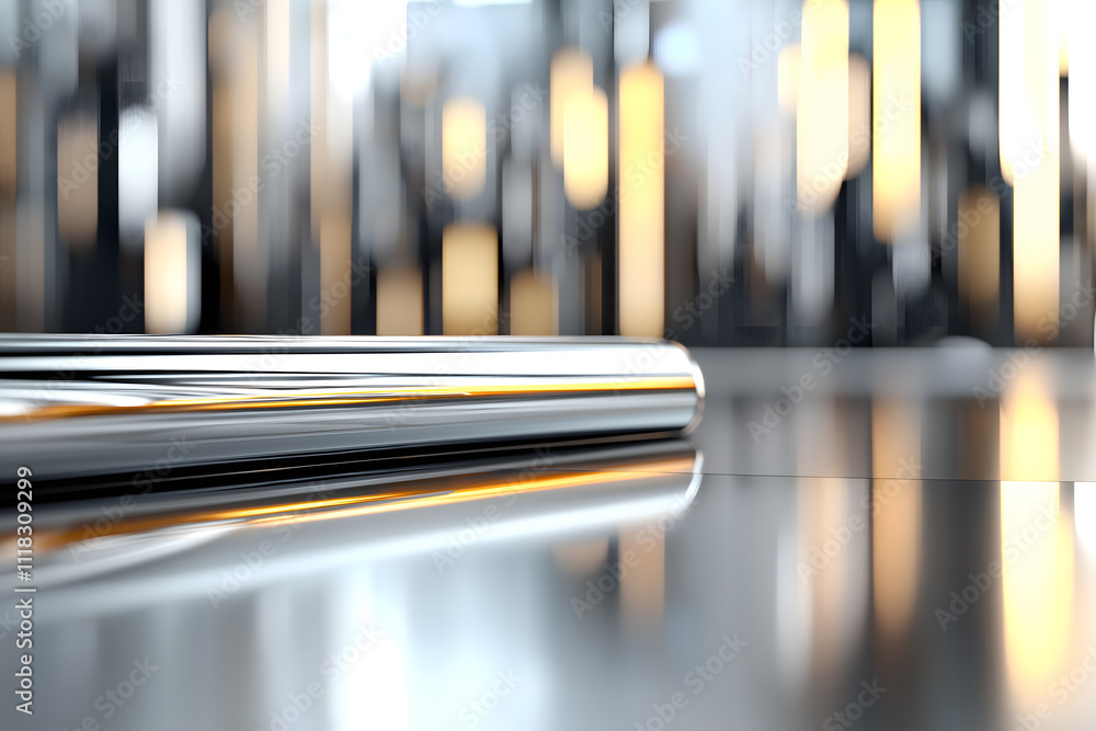 A sleek metallic object rests on a reflective surface, surrounded by soft, blurred light, creating a modern and minimalistic atmosphere. A sleek metallic object rests on a reflective surface, surrounded by soft, blurred light, creating a modern and minimalistic atmosphere.
