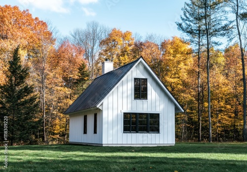 Serene White Cottage Surrounded by Colorful Autumn Foliage in a Peaceful Forest Setting, Emphasizing Harmony with Nature and Modern Minimalist Design