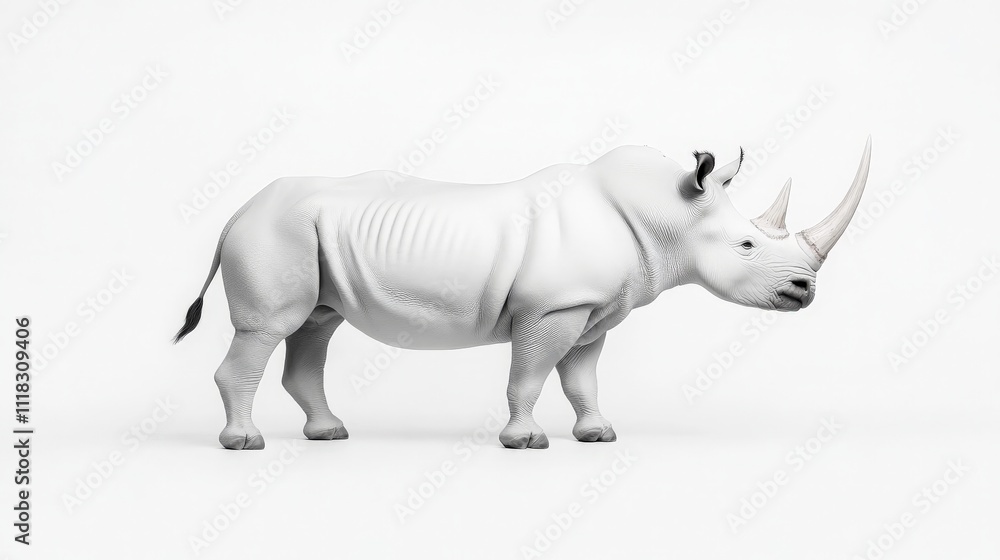 Fototapeta premium Majestic White Rhinoceros: A powerful monochrome profile of a white rhinoceros, showcasing its imposing presence and unique features. A symbol of strength and wild beauty. 