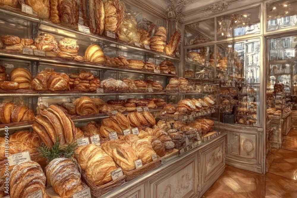 A Parisian Bakery filled with golden pastries and fresh bread A Parisian Bakery filled with golden pastries and fresh bread