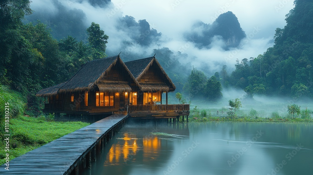 Fototapeta premium Serene Lake House in a Misty Mountain Landscape