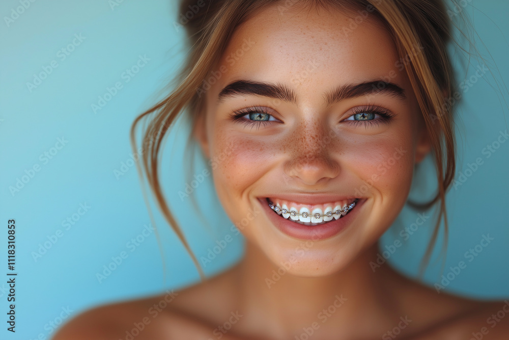 A young beautiful woman with braces, perfect teeth A young beautiful woman with braces, perfect teeth