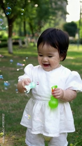 An adorable Asian child with chubby cheeks giggling uncontrollably while playing with bubbles in a sunny park