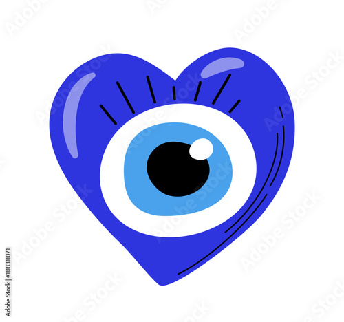 Turkish evil eye. Traditional turkish amulet with blue eye. Graphic element for website. Paranormal and magical tattoo sketch. Flat vector illustration