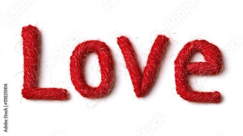 Red yarn forms the word love, set against a clean white background. This concept emphasizes romance and affection, ideal for Valentine's Day cards or design projects