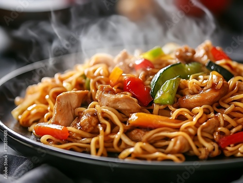Sizzling Chicken Lo Mein with Fresh Vegetables