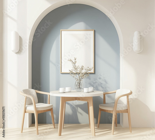 A mockup of an empty poster frame on the wall in front, above two chairs and a round table with coffee mugs, in a modern dining room with arched doorways and light blue walls photo