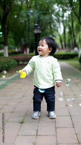 An adorable Asian child with chubby cheeks giggling uncontrollably while playing with bubbles in a sunny park