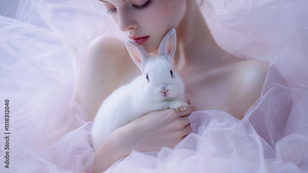 A graceful woman in a flowing evening gown gently cradles a fluffy white rabbit, creating a tender connection in a soft pink setting. The atmosphere exudes calmness and elegance A graceful woman in a flowing evening gown gently cradles a fluffy white rabbit, creating a tender connection in a soft pink setting. The atmosphere exudes calmness and elegance