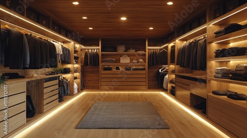 Modern Walk-in Closet with Wooden Shelving and Warm Lighting