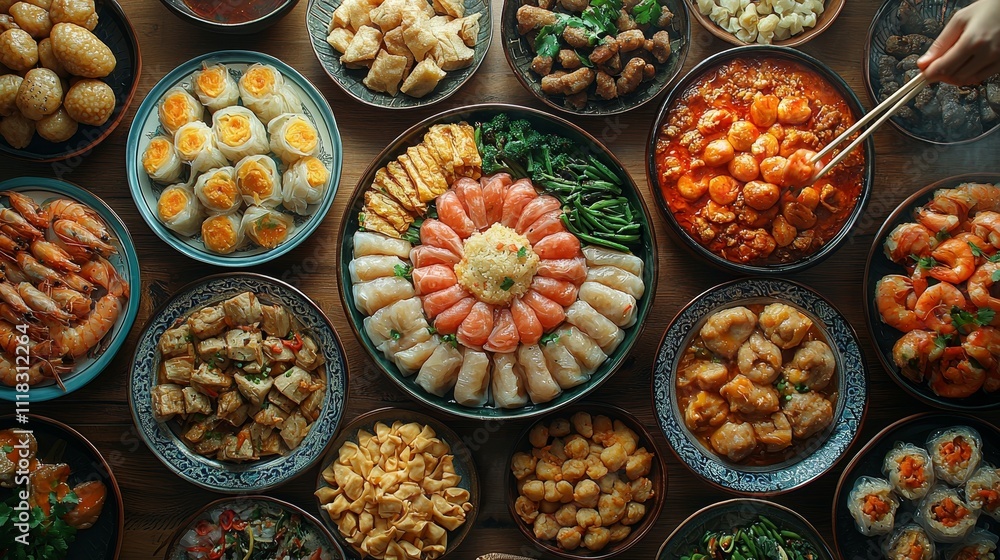 Vibrant assortment of seafood and various dishes in a spread Vibrant assortment of seafood and various dishes in a spread