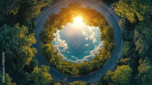 Aerial View of Road Surrounded by Trees with a Blue Sky and Bright Sun