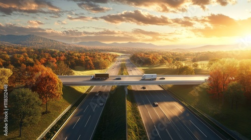 Aerial view of highway with trucks crossing overpass at sunset, surrounded by autumn foliage.