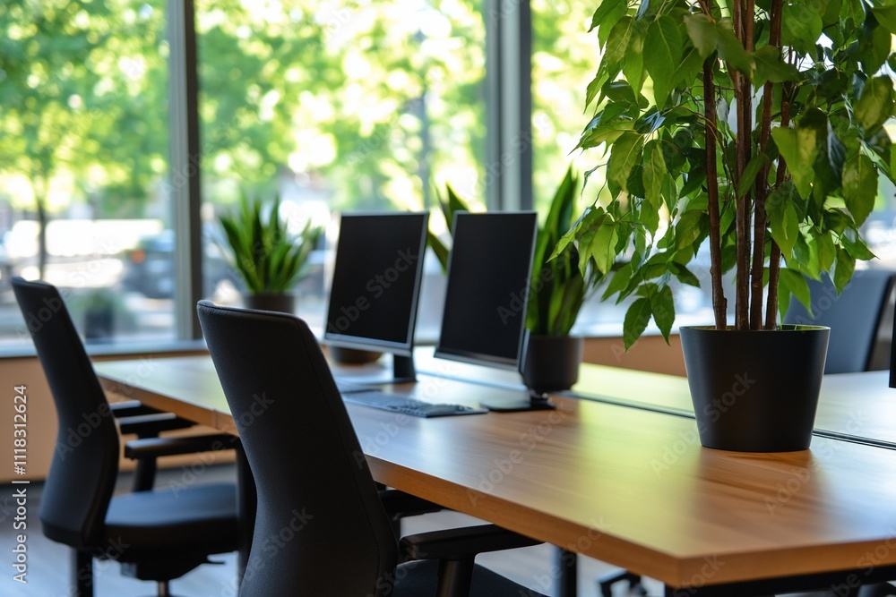 Modern office workspace with computers, plants, and large windows. Modern office workspace with computers, plants, and large windows.