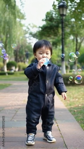An adorable Asian child with chubby cheeks giggling uncontrollably while playing with bubbles in a sunny park