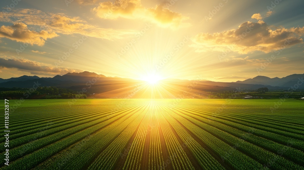 Beautiful Sunrise Over Green Fields with Mountains in Background Beautiful Sunrise Over Green Fields with Mountains in Background