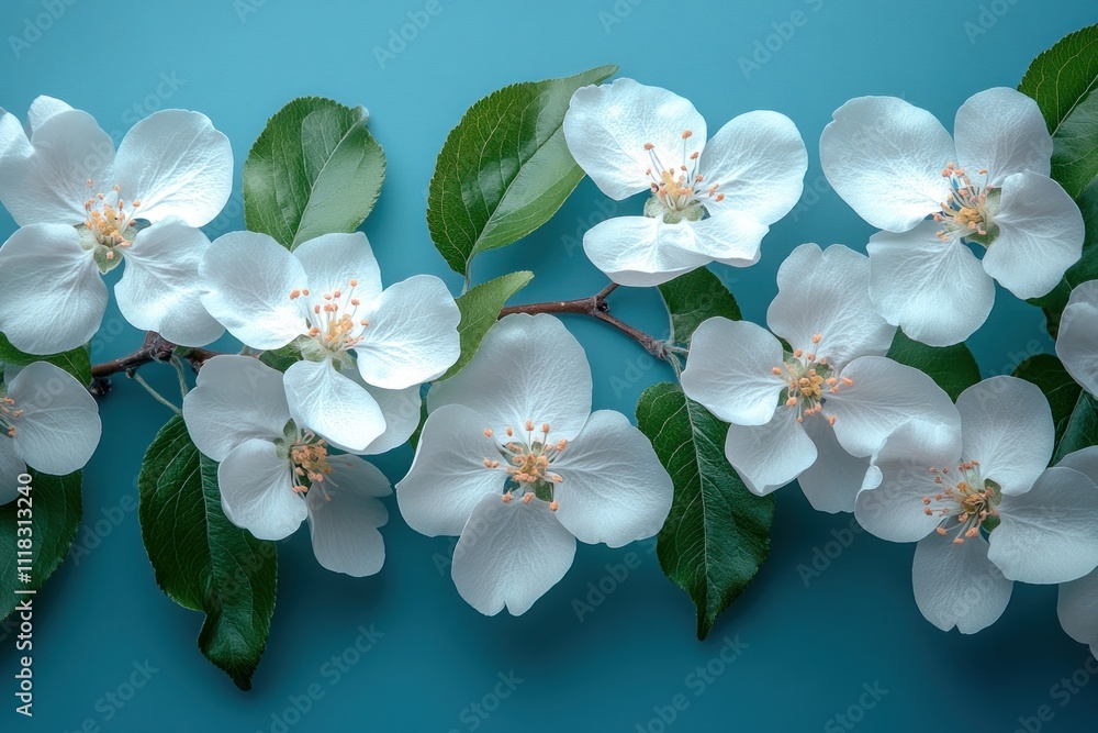 Branch of Blossoming Apple Tree on Blue Background Branch of Blossoming Apple Tree on Blue Background