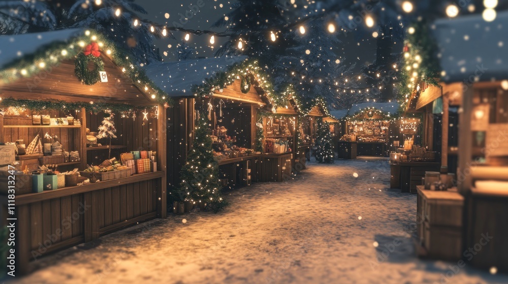 Snowy Christmas market with wooden stalls, lights, and falling snow at night. Snowy Christmas market with wooden stalls, lights, and falling snow at night.