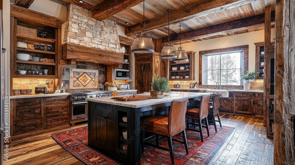 Cozy Rustic Farmhouse Kitchen Interior with Warm Wood Accents Cozy Rustic Farmhouse Kitchen Interior with Warm Wood Accents