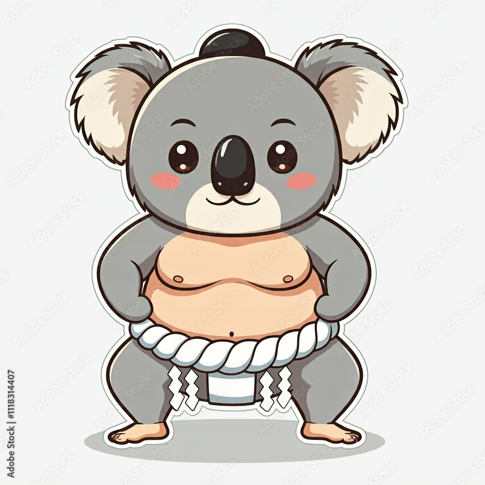 Obraz premium A chibi sumo wrestler dressed as a koala, with fluffy ears and a calm, happy expression. The wrestler is in a sumo stance, drawn in a cute sticker style with a simple white background.