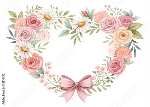 Romantic floral heart wreath with pastel roses and daisies