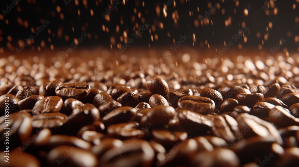 Pile of roasted coffee beans with a few beans falling from above, creating a sense of movement Pile of roasted coffee beans with a few beans falling from above, creating a sense of movement