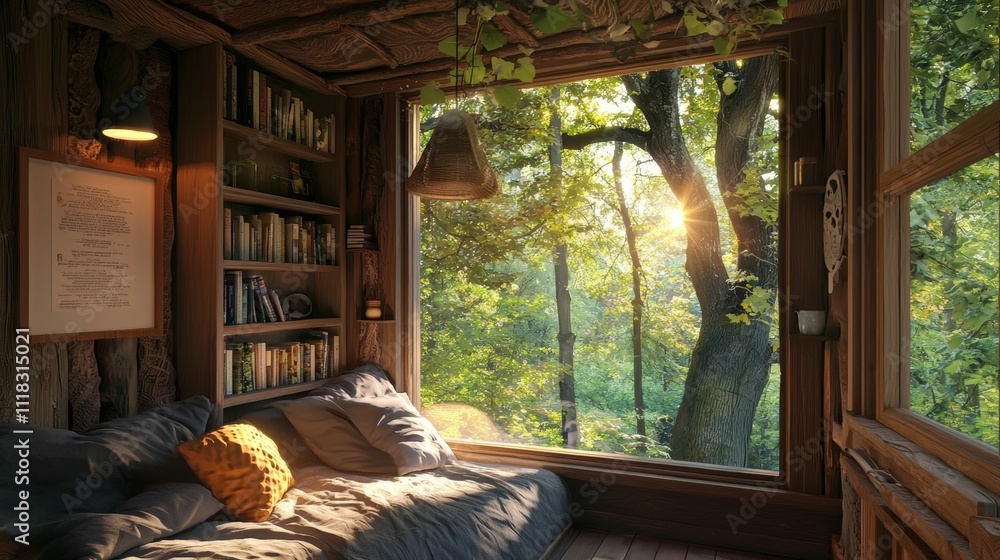 Cozy Treehouse Interior with Forest View and Natural Light Cozy Treehouse Interior with Forest View and Natural Light