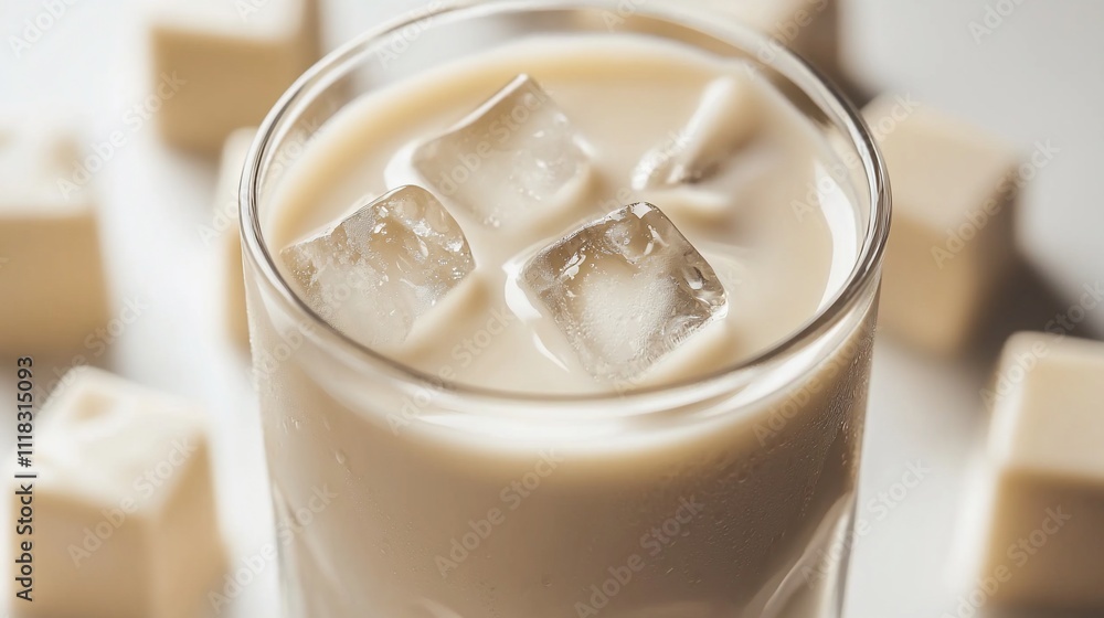Creamy beverage with ice cubes in a glass, surrounded by white squares. Creamy beverage with ice cubes in a glass, surrounded by white squares.