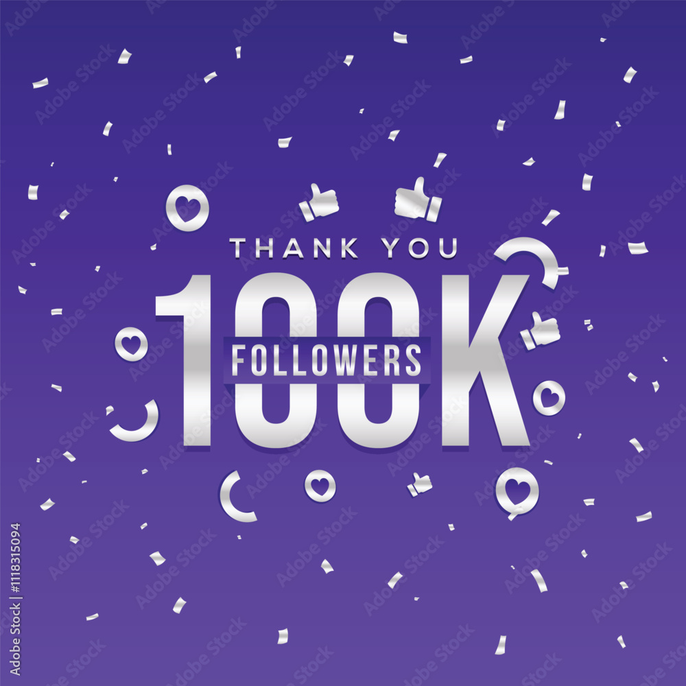 Elegant Thank you 100k followers design with confetti on a purple background. Perfect for social media banners, milestone celebration posts, or community engagement templates. achievement post. Elegant Thank you 100k followers design with confetti on a purple background. Perfect for social media banners, milestone celebration posts, or community engagement templates. achievement post.