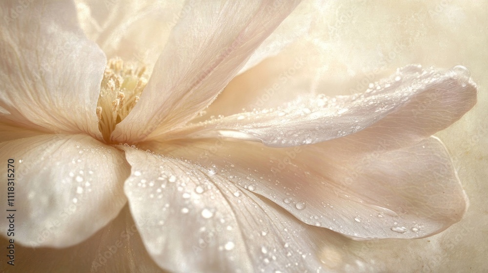 Close-up of a pale flower with dew drops. Close-up of a pale flower with dew drops.