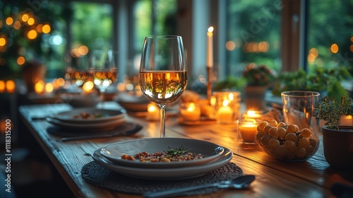 Wallpaper Mural Romantic dinner setting with candles, wine, and food on a wooden table. Torontodigital.ca