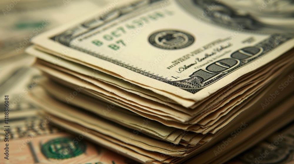 Thick stack of one hundred dollar bills sits on a surface of more money, creating a visual representation of wealth, savings, and financial success Thick stack of one hundred dollar bills sits on a surface of more money, creating a visual representation of wealth, savings, and financial success