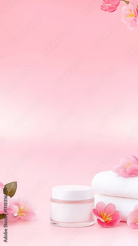 Soft pink hues create a serene atmosphere, complemented by a white countertop showcasing plush towels and an exquisite lotion bottle. Perfect for beauty brand branding Soft pink hues create a serene atmosphere, complemented by a white countertop showcasing plush towels and an exquisite lotion bottle. Perfect for beauty brand branding