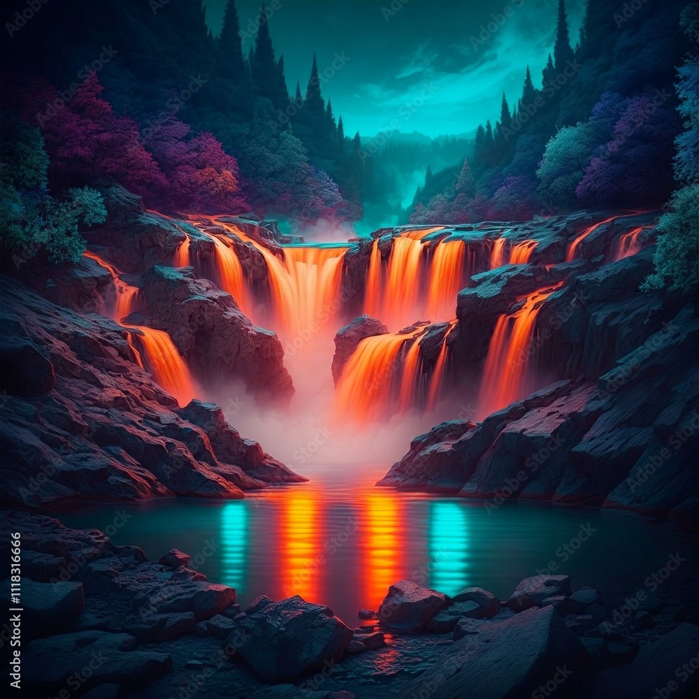 Neon-lit waterfall flowing over jagged rocks with glowing mist and vibrant reflections Neon-lit waterfall flowing over jagged rocks with glowing mist and vibrant reflections