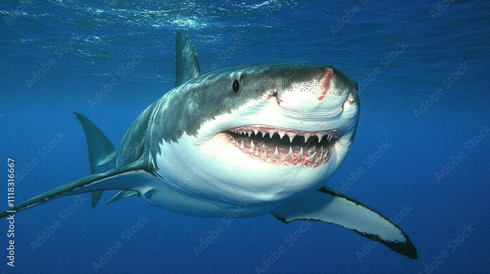 Naklejka premium Great White Shark Underwater Majestic Predator