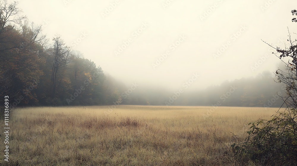 Fototapeta premium Misty autumn field with trees in the background.