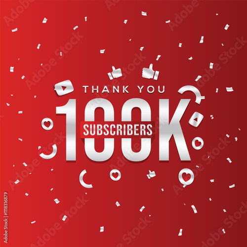 Thank you 100k subscribers banner with a red festive background and confetti. Ideal for social media posts, subscriber appreciation, milestone celebration, or community engagement. 100k subscribers