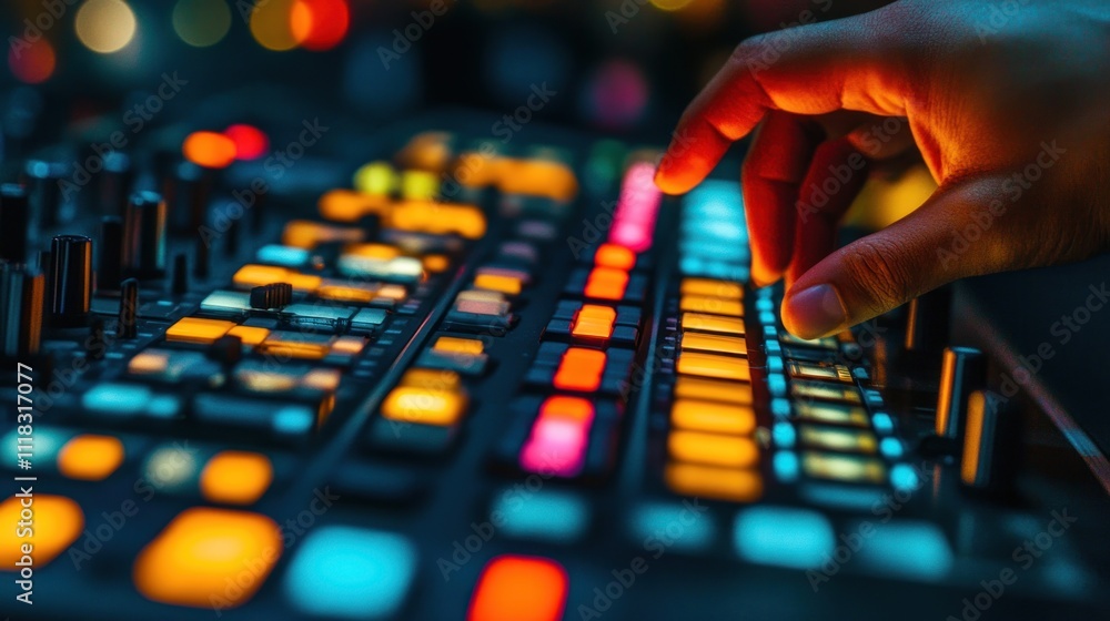 Close-up of hand operating a music production controller with colorful lights. Close-up of hand operating a music production controller with colorful lights.