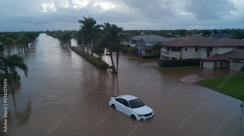 Fototapeta premium A white car is completely submerged in water close to a residential property, highlighting the effects of recent heavy rainfall
