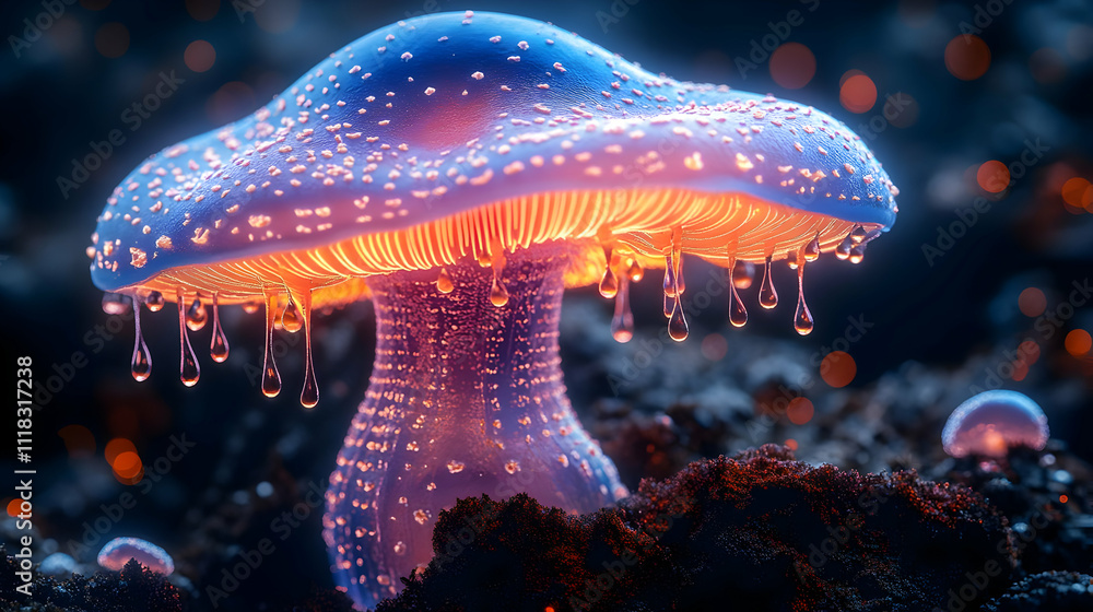 Glowing Mushroom with Droplets - 3D Illustration Glowing Mushroom with Droplets - 3D Illustration
