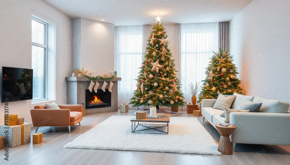 Contemporary living room featuring a white Christmas tree, stylish furniture, and minimalistic holiday decor Contemporary living room featuring a white Christmas tree, stylish furniture, and minimalistic holiday decor