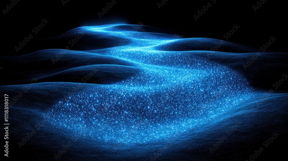 Glowing blue stream flowing through dark hills. Glowing blue stream flowing through dark hills.