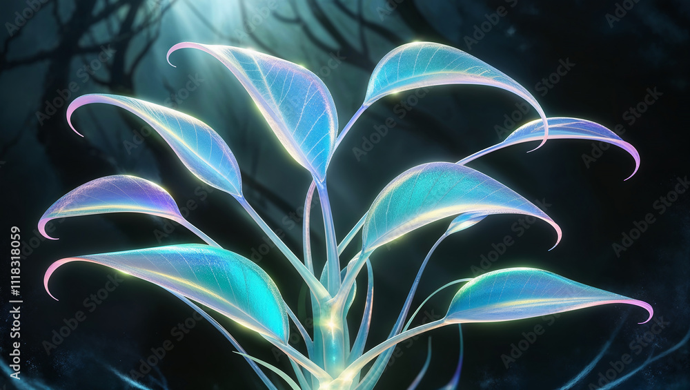 Obraz premium Glowing plant illuminating dark forest at night, bioluminescent flora thriving in enchanted woods