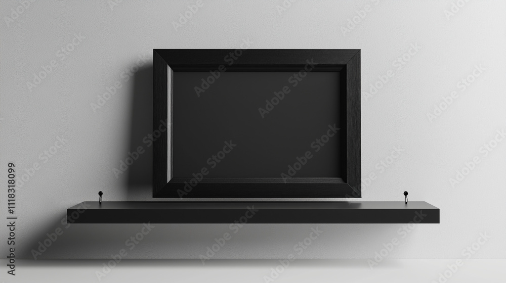 Mockup minimalist black empty photo frame on a shelf attached to the wall, Ai generated images Mockup minimalist black empty photo frame on a shelf attached to the wall, Ai generated images
