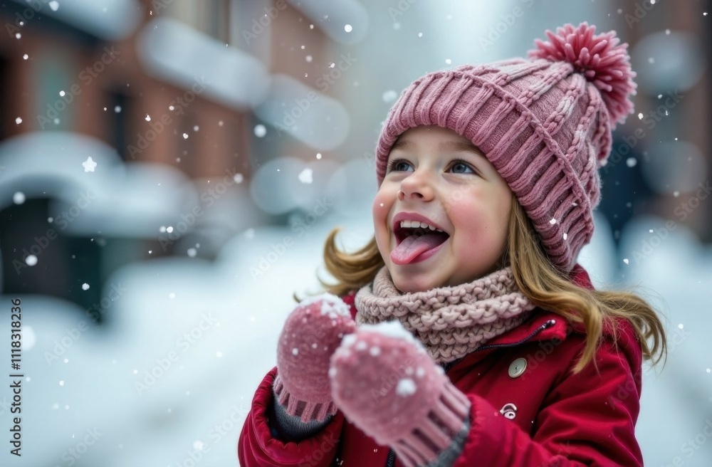 Happy little girl sticking out tongue and catching snowflakes, Girl in winter clothes. Winter games. Snowfall. blurred snowy street in background Happy little girl sticking out tongue and catching snowflakes, Girl in winter clothes. Winter games. Snowfall. blurred snowy street in background