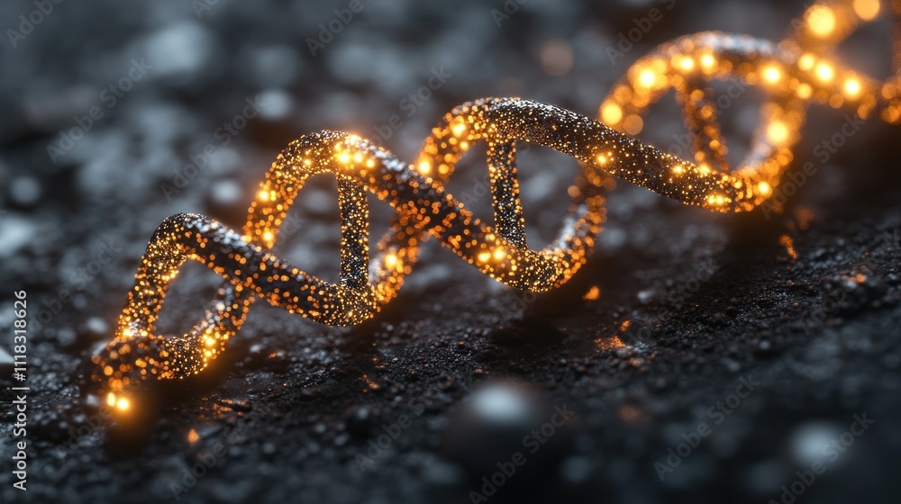 Glowing golden DNA helix on dark background. Glowing golden DNA helix on dark background.