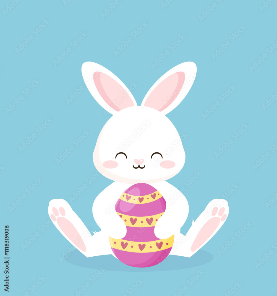 Cute rabbit with easter eggs, Happy Easter bunny, vector illustration.