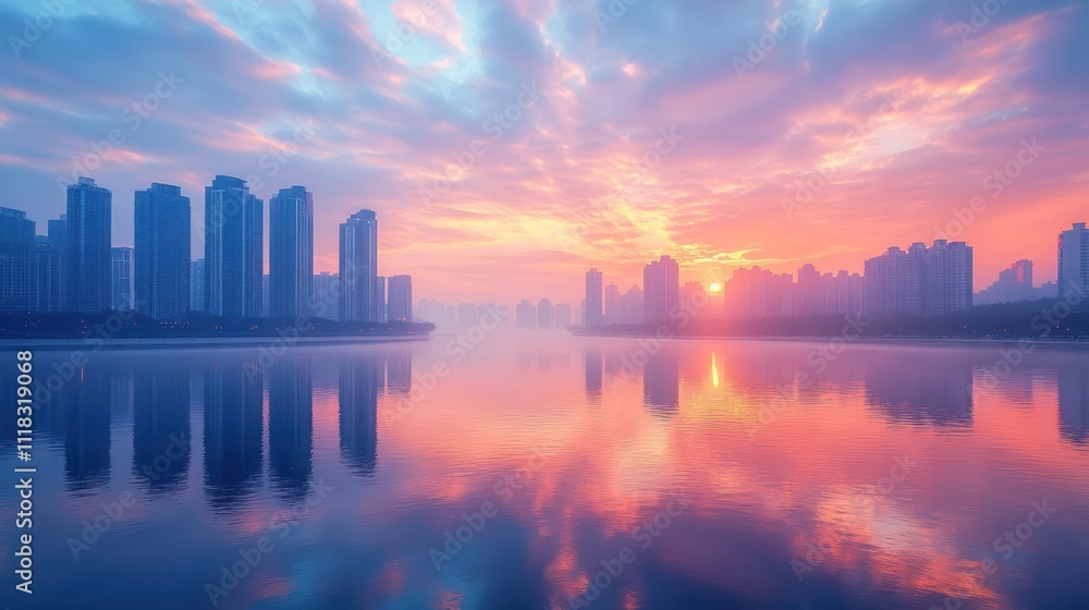Vibrant sunrise over calm city lake with skyscrapers reflected in water. Vibrant sunrise over calm city lake with skyscrapers reflected in water.