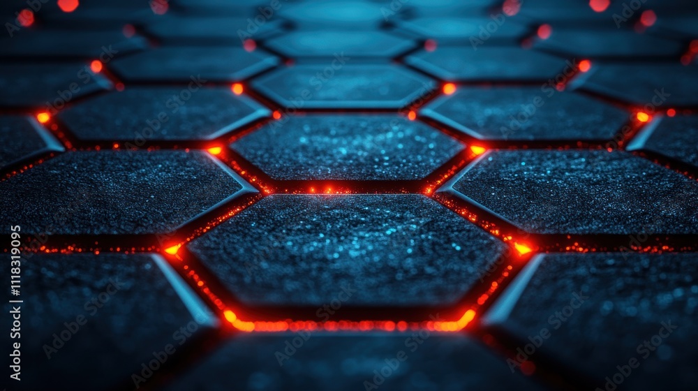 Glowing hexagonal grid, dark blue and orange. Glowing hexagonal grid, dark blue and orange.