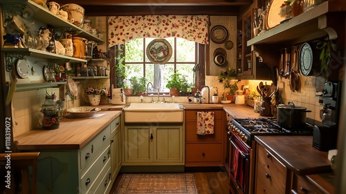 Charming rustic kitchen with vintage crockery, wooden cabinets, and floral accents.